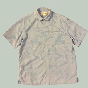 Kahala Mens Blue Jacquard Monstera Leaf Aloha Hawaiian Shirt Short Sleeve Medium